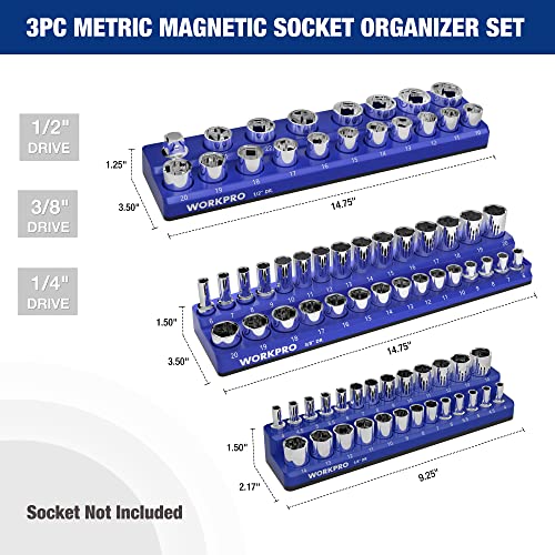 Image of WORKPRO Magnetic Socket Organizer Set, 3-Piece Holder Set Includes 1 /4 inch, 3 /8 inch and 1 /2 inch Drive Metric Socket Trays, Holds 75 Pieces Standard and Deep Sockets