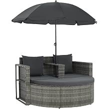 2 Seater Patio Sofa with Cushions and Parasol Gray Poly Rattan for Outdoor Backyard Gardens