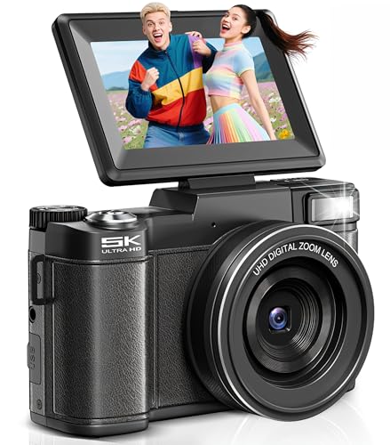 Digital Camera 5K, 64MP Cameras for Photography, YouTube Vlogging, 18X Zoom UHD Autofocus Compact Point and Shoot Flip Screen Camera with 64GB SD Card, 2 Batteries, Small Photo Camera for Kids, Teen
