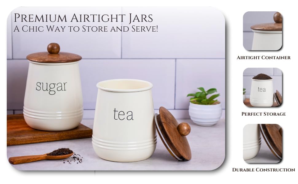 Image of Stylish Airtight Container for Kitchen, Tea Sugar Storage,White, Metal with Wooden Lid & Spoon, 1000ml, Canister for Kitchen Counter top | Food-Safe Jar Set of 2 (Tea & Sugar)