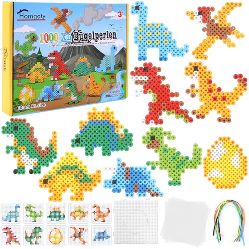 Homgaty Juego de perlas grandes de 10 mm, 1000 unidades de perlas XL con placas, 10 patrones y papel de planchar, 10 colores de colores XL, juego creativo de perlas para niños a partir de 3 años