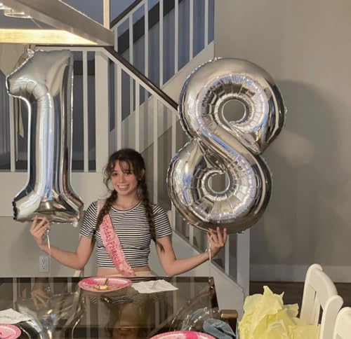 Image of Silver Number 14 Balloon 40 inch, 14 Number Balloons, 14th Silver Birthday Decorations, 14 Year Old Silver Party Supplies