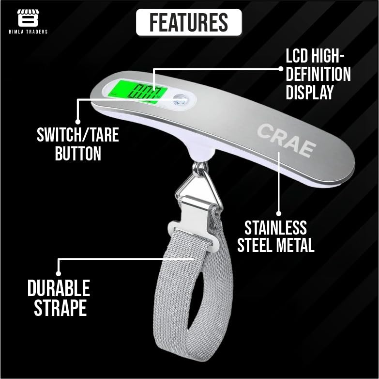 CRAE Electronic Portable Digital LED Screen Luggage Weighing Scale|Handheld Travel Weight Measuring Scale for Suitcases, Bags&Baggage, 50 kg/110 Lb For Multi-Purpose Use. Pack of 1 (JY-26)