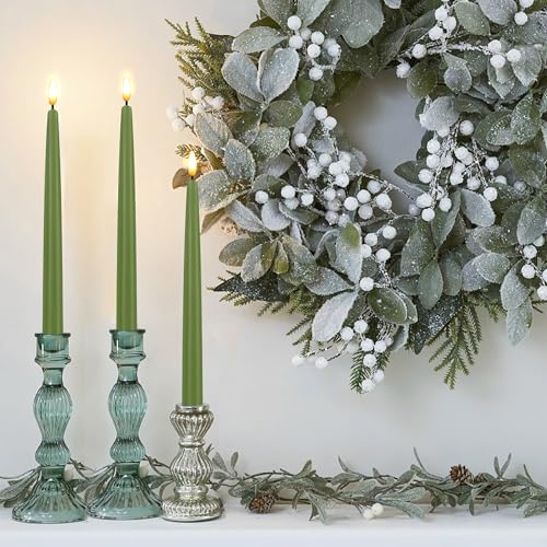 Image of CVHOMEDECO. Flameless Taper Candles with 10-Key Remote, Battery Operated Led Flickering 3D Wick Window Candles Real Wax Finished Home Christmas Party Decor 0.78 x 11 Inch, Pack of 3, Sage Green