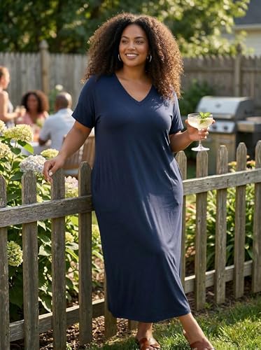 Image of SUZONANA Women Casual T-Shirt Dress V Neck Short Sleeve Solid Color Oversize Dress with Front Two Pockets