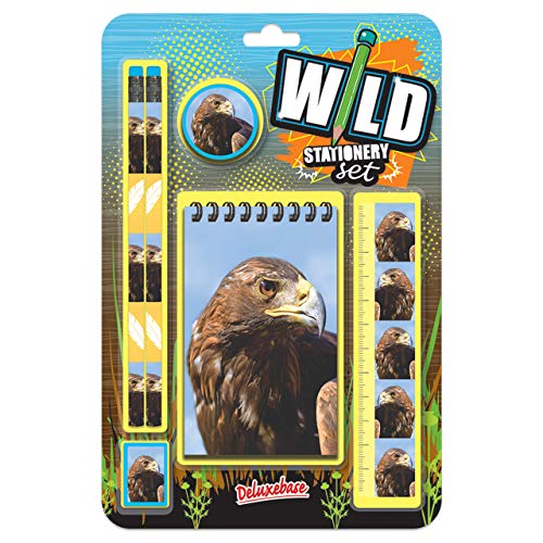 Deluxebase Wild Stationery Set - Eagle from Office and School Supplies Including 2 Pencils, Rubber Eraser, Sharpener, Ruler, and Cute Notebook with Animal Theme, Great Writing Resources.