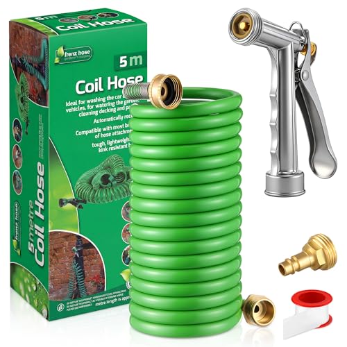 Gulfmew RV Exterior Shower Hose With Sprayer 15FT Coiled Water Hose with 1/2 Quick Connect Adapter UV Resistant Optional Flexible Quick Connect Sprayer for RV Outdoor Shower Garden Use 3/4 Fitting