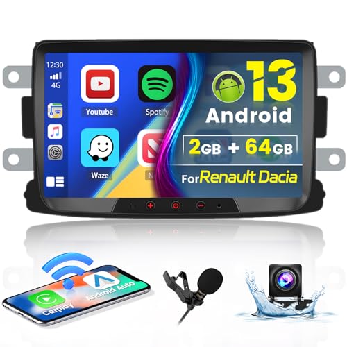 2G 64G Android 13 Autoradio pour Renault Dacia Duster Sandero Captur Lodgy Symbol Logan Dokker avec CarPlay Android Auto sans Fil, 7 Écran Tactile avec GPS WiFi BT FM/RDS EQ SWC Caméra de