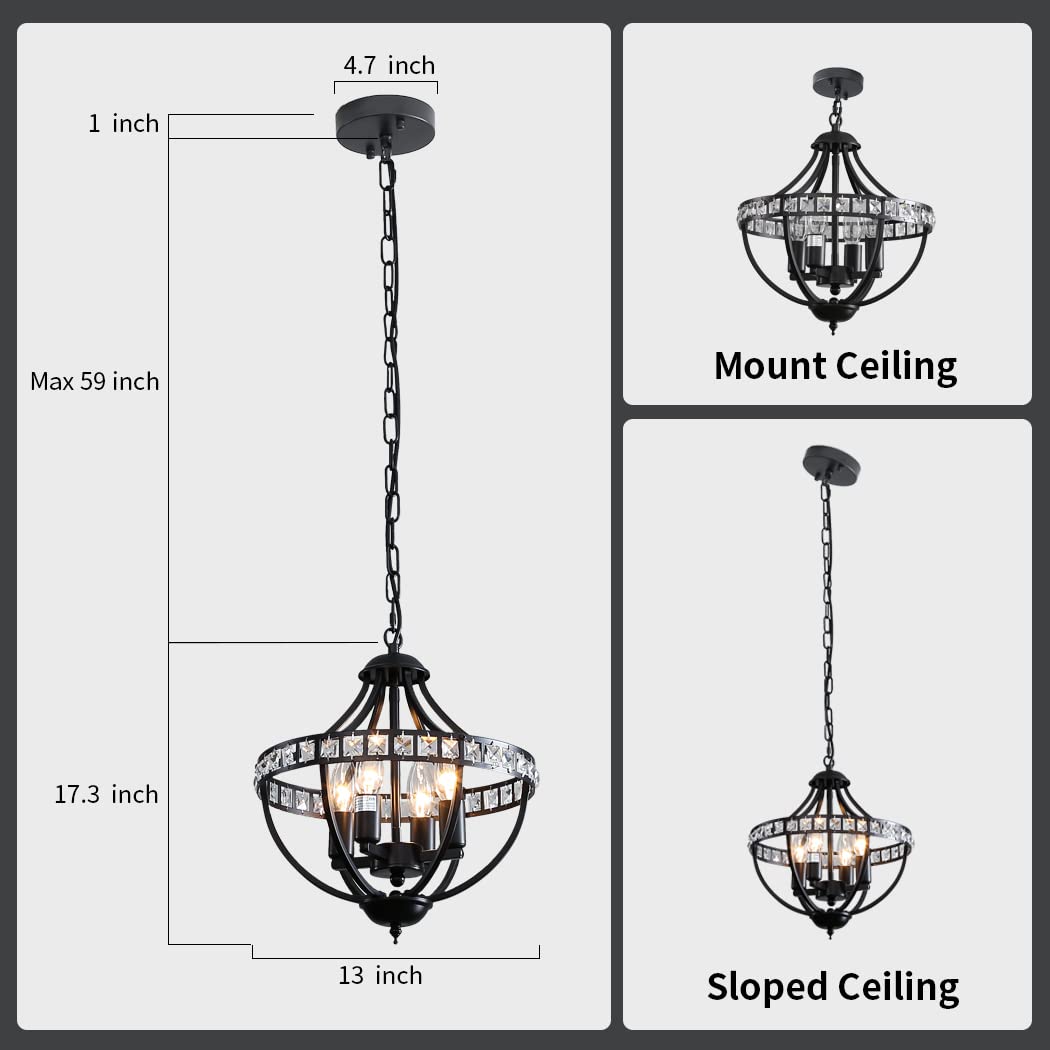 Crystal Chandelier Light Fixtures, 4-Lights Farmhouse Rustic Vintage Black Pendant Hanging Lighting Ceiling Chandeliers for Kitchen Island Dining Room Living Room Bedroom Foyer Hallway