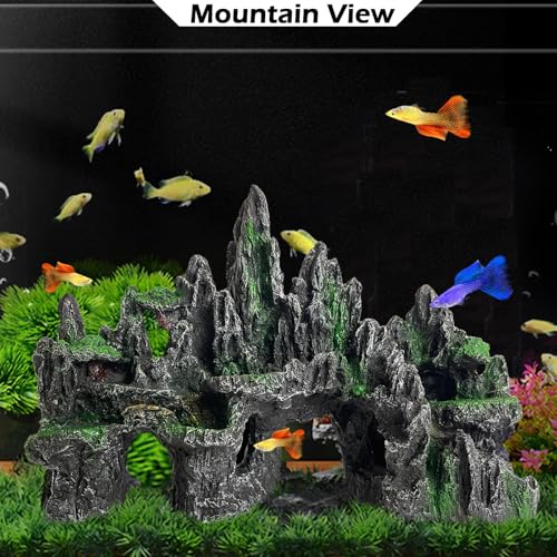Image of Aquarium Decor Large N Tall Fish Tank Rock Decor with Mountain View Ornaments,Tree House,Cave,Extra Large Fish Tank Decorations