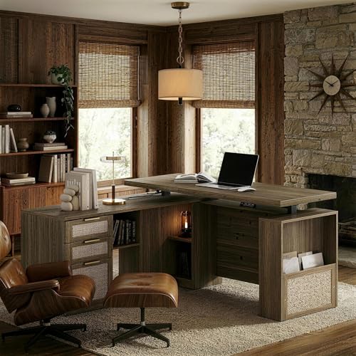 Image of 63 Inches L Shaped Electric Standing Desk, Executive Height Adjustable Desk with Drawers and File Cabinet, AC /USB, 1.18 inch Desktop and Privacy Panel for Home Office, Natural Oak
