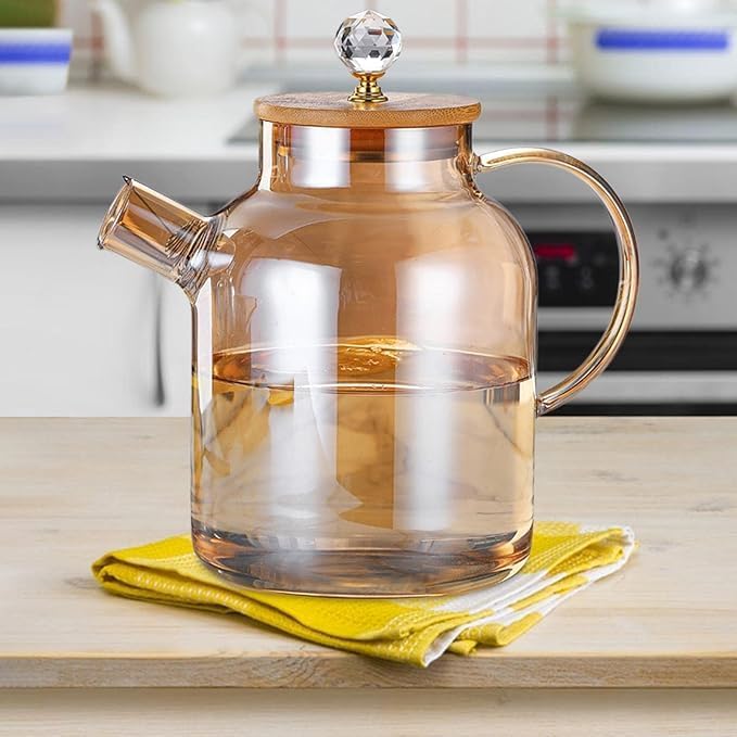 Image of 1.8L Gold Glass Pitcher with Lid - Elegant Carafe for Hot and Cold Beverages, Ideal for Dining Table and Entertaining