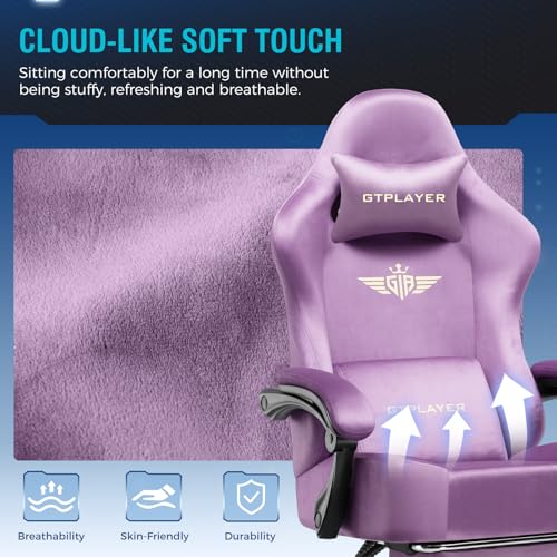 Image of GTPLAYER Gaming Chair Fabric with Pocket Spring Cushion, High Back Ergonomic Computer Chair with Footrest for Adults Lumbar Support Swivel Game Chair for Office Gaming 350LBS, Light Purple