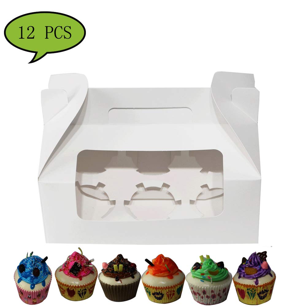 Cupcake Boxes Cupcake Box with Handle Cupcake Gift Boxes for 6 Container with Display Window Cupcake Containers （White，12 units pack）9 inch x 5.9 inch x 3.5 inch By Sahara Home