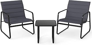 Costway 3 Pieces Bistro Set, Outdoor Side Table & 2 Fabric Chairs, Detachable Cushions, Sturdy Metal Legs, Tempered Glass ...