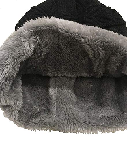 Image of Kids Knitted Hat and Scarf Set, Winter Fleece Lining Wool Beanie Hat Neck Warmers (Black)