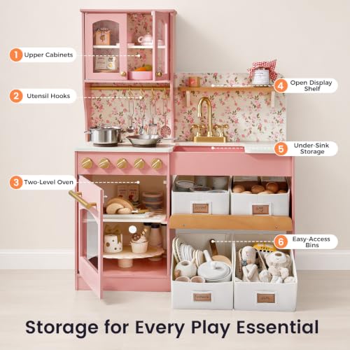 Image of Tiny Land Wooden Play Kitchen for Kids with Toy Storage for Pretend Play