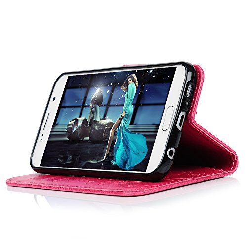 S6 Case,Samsung Galaxy S6 Case (Non-Edge) - Badalink Fashion Wallet Premium Pu Leather With Embossed Flowers Butterfly Flip Cover With Hand Strap & 3D Cute Elephant Dust Plug & Stylus Pen - Hot Pink #TOP5