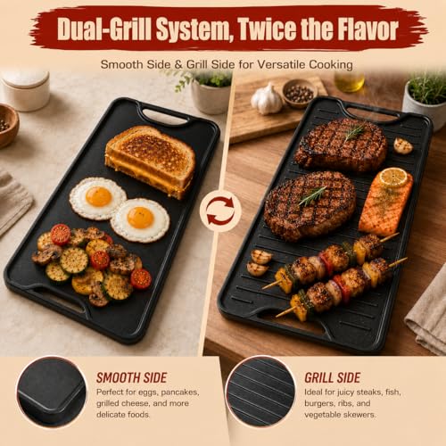 Plaque de cuisson en fonte durable de 50,8 cm, gril réversible d'exception