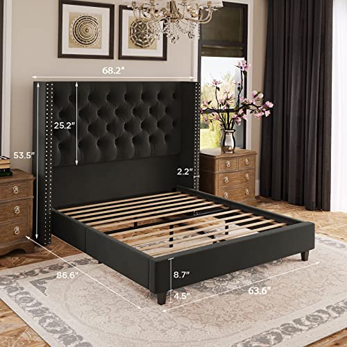 Jocisland Queen Size Platform Bed Frame Velvet Upholstered Bed Deep Button Tufted Wingback Headboard/No Box Spring Required/Wood Slat Support/Easy Assembly/Black #TOP1