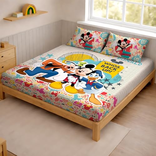 Image of Sassoon Disney Mickey Mouse Backup Digital Printed 100% Cotton Bedsheet with 2 Pillow Covers in 300TC