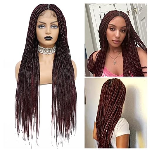 incoo 36" Braided Wigs Full Lace Box Braids Wigs for Black Women Hand Braid Lightweight Twisted Knotless Front with Baby Hair Synthetic Cornrow (Burgundy Red)