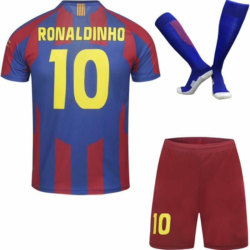 Heim Trikot Limitierte #10 Ronaldinho Heim Fußball Kinder Trikot Auflage Shorts Socken Set Nostalgie Jugendgrößen (Blau/Rot,Dinho,26)