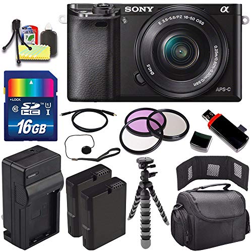 Sony Alpha a6000 Mirrorless Digital Camera with 16-50mm Lens (Black) + Battery + Charger + 16GB Bundle 4 - International Version (No Warranty)