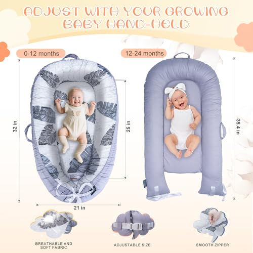 Image of Infant Support Cushions | Baby Lounger | Cotton Infant Lounger | Reversible Adjustable Portable Floor Lounger | Supervised Awake Only No Sleeping | Soft Breathable Washable Cover (Leaf)