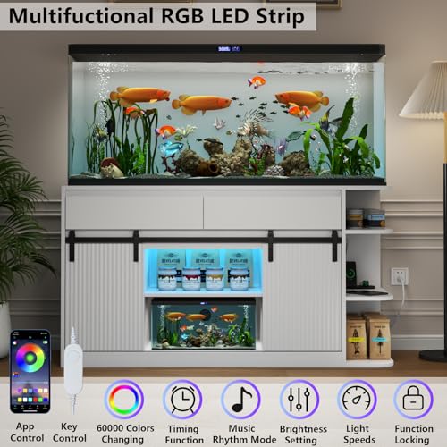 75-120 Fish Tank Stand with Power Outlets, Heavy Duty Aquarium Stand with LED Lights and Sliding Fluted Doors, White Storage Cabinet with 2 Large Drawers for Fish Tank, 1000 LBS Capacity