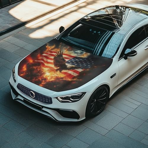 Image of Car Hood Cover,Eagle and American Flag Print Protector 59x39 Inch Stretchable Car Hood Wraps Auto Outdoor Decorations for Compact Sedans SUV Trucks Minivan