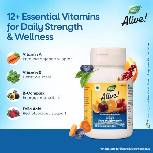 Image of Nature's Way Alive Men's Ultra Multivitamin - Daily Supportive Nutrition from 32+ Fruits & Veggies | 8 Key Minerals | 17+ Vitamins | Immunity & Metabolism Support | Digestive Enzymes | 100% RDA of 17+ Vitamins & Minerals 60 Veg tablets
