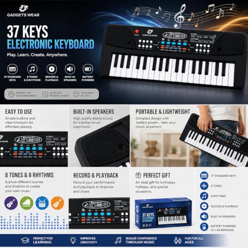 Image of GADGETSWEAR Kids Piano Keyboard With Microphone, 37 Keys, 8 Rhythms, 8 Tones, 6 Demos Portable Electronic Keyboard ,Toy Beginners Educational Songs Recording, Musical Toys For 2 3 4 5 Years Boys Girls