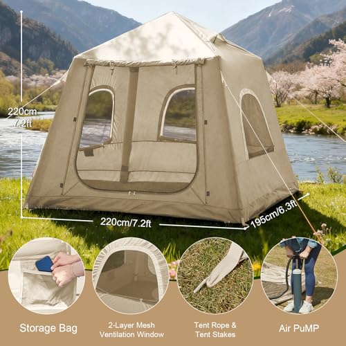 Image of Inflatable Tents for Camping,Easy Blow Up Tent with Hand Pump,4 Seasons Waterproof Air Inflatable Camping Tent House for Family Weekend Camping