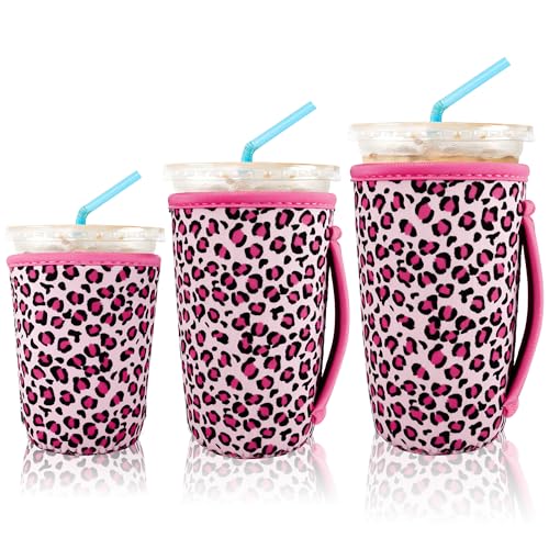 Image of KJQJLY 3 Pack Reusable Iced Coffee Sleeves for Iced Coffee Cups or Drinks Reusable Neoprene Insulated Sleeves for Hot and Cold Drinks from Starbucks, Dunkin, And More (pink leopard print)
