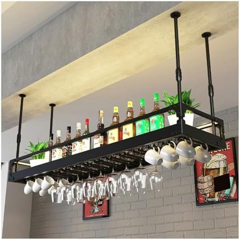 Ceiling Wine Glass Rack, Metal Adjustable Hanging Stemware Wine Rack with Guardrail, Stemwares Holder Glass Storage Hanger Organizer for Bar Cafe Kitchen(Gold,23.6in)