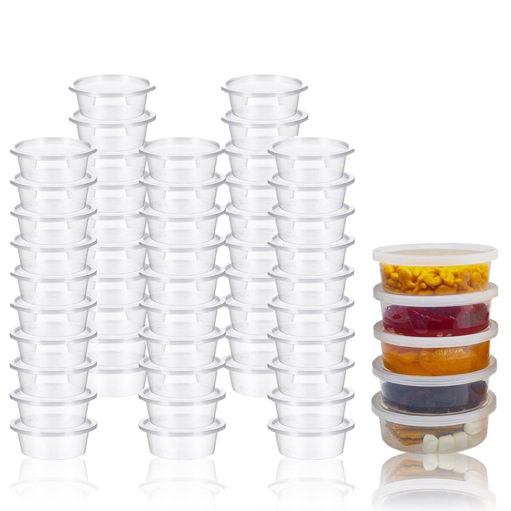 Basuit 50 Packs - Round Stackable Food Container, Sauces Cups Small Containers with Lids, Clear Leakproof Plastic Take Away Sauce Pots for Small Dips Chutney Salads Restaurants Catering(2oz-50 ml)