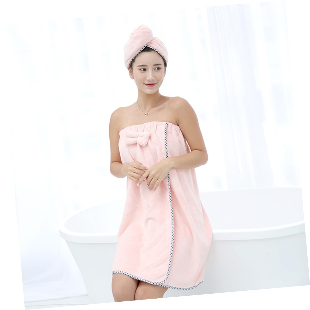 SOLUSTRE 1 Set Cute Bowknot Hair Drying Cap and Shower Towel Coral Fleece Bath Kit Ultra Absorbent Comfortable for Home Use Light Pink Color