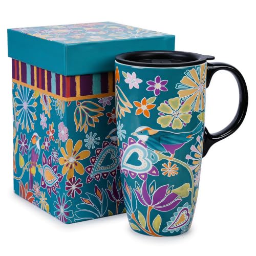 Mug de cerámica de 17oz con tapa y diseño floral boho miniatura 1