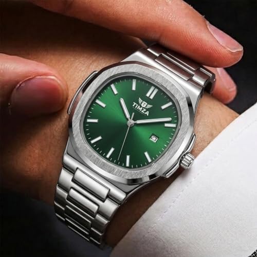Image of Luxury Business Analog Quartz Watch for Men Sunburst Dial, Stainless Steel Strap, Date Display, Luminous Hands & Water Resistant (Green)