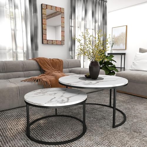 Image of 2-Piece Round Coffee Table Set | Marble Finish MDF Top with Golden Iron Frame | Modern Center & Side Table for Living Room, Bedroom & Small Spaces Black White