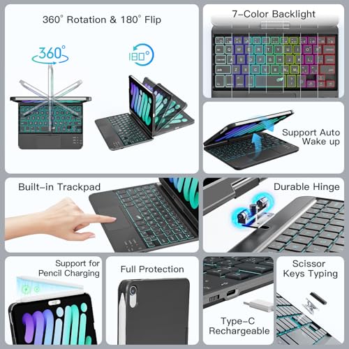 Image of RAYMCRAFT Keyboard Case for iPad mini 7 /6 8.3-inch, Trackpad, 360 Rotating | 360 Rotating Keyboard Case for mini 7(A17 Pro) 2024 & 6 (2021) 8.3 inch, 7 Color Backlit, Black, Perfect for Travel, Study, Work