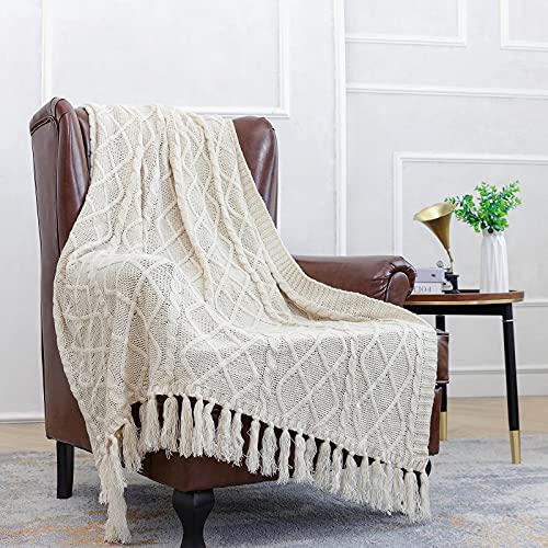 Solid Soft Cozy Cable Knitted Blanket Throw, Lightweight Decorative Textured Cream Throw Blanket With Fringes For Couch Chairs Bed Sofa,Beige, 50"X 60" #TOP2