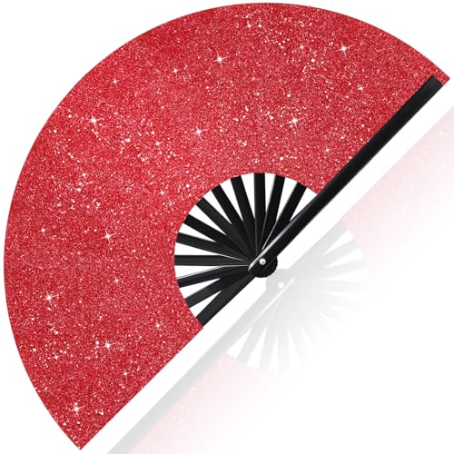 Image of Vercraft 13'' Large Rave Fan for Women Rave Accessories Festival Outfits Glitter Hand Folding Clack Fan for Line Dancing EDM Music Festival Outfits(Red)