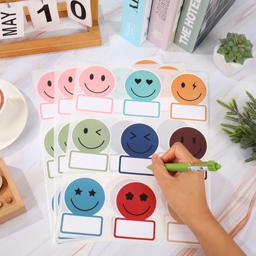 Image of Whaline 135 Pcs Boho Smile Face Name Tag Stickers Dark Color 9 Designs Nameplate Decals Classroom Bulletin Board Labels for Back to School Desk Wall Message Board Decor