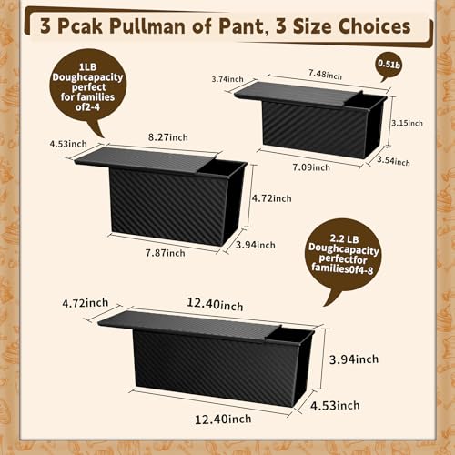 Image of 3 Pack Pullman Loaf Pan with Lids, Non-Stick Bread Loaf Pan, Heavy Duty Carbon Steel Corrugated Toast Box for Baking, Square Bread Pans for Homemade Sandwich, Bakeware (Black)