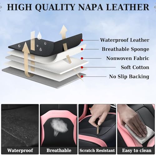 Image of Coverado Seat Covers, Car Seat Covers Front Seats, Nappa Leather Seat Covers for Cars, Waterproof Car Seat Protector with Lumbar Support, Front Seat Covers Universal Fit for Most Cars (Black&Pink)