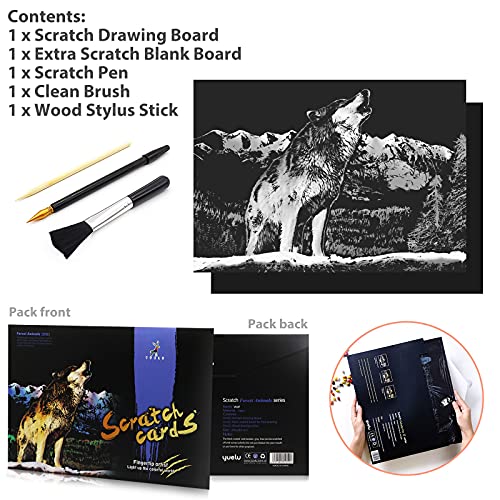 Miastar Scratch Art Animal Rainbow Painting Paper, Creative Foil Scratch Art Toys Gift, Engraving Art & Craft Sets, Diy Sketch Card Scratchboard For Kids & Adults - 16'' X 11.2'' With 3 Tools (Wolf) #TOP1