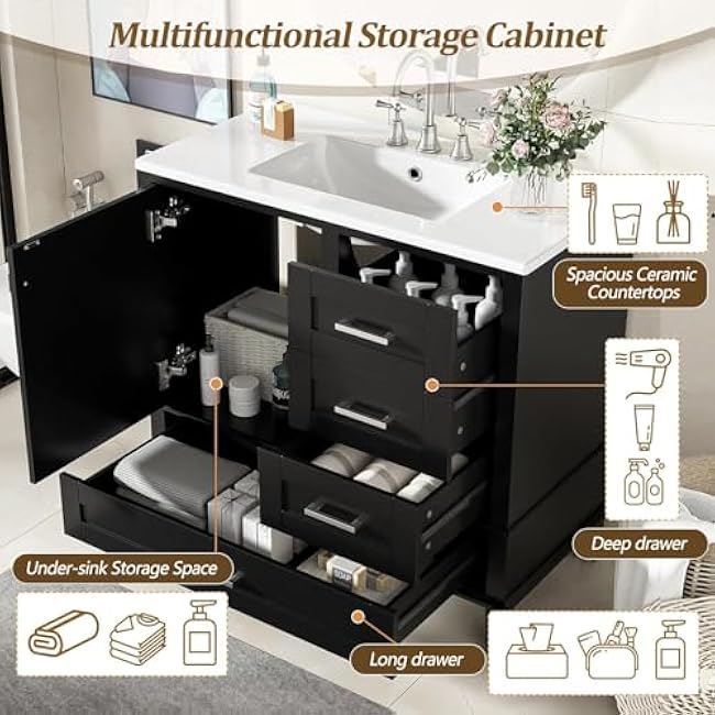 Linique 36 Modern Bathroom Vanity with Sink Combo Set, Bathroom Storage Cabinet with a Soft Closing Door and 3 Drawers, Black