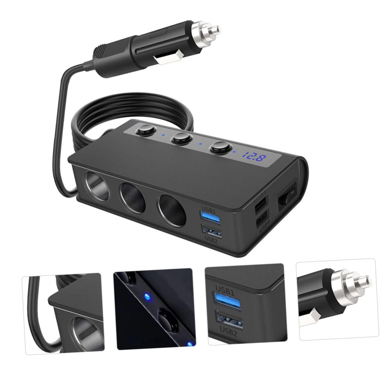 POPETPOP Cargador de Coche 180 W, 4 Puertos USB y 3 Tomas de Encendedor, Monitor de Voltaje, para Coche y Luces USB, Negro